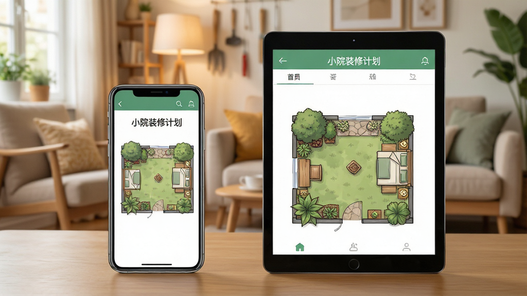 一张展示小院装修计划在手机和平板设备上运行的场景图,画面中手机和平板并排显示软件界面,界面内容为庭院布局图,背景是温馨的家居环境,风格为生活化产品展示,细节清晰,画质干净,图片中带有“小院装修计划”文字