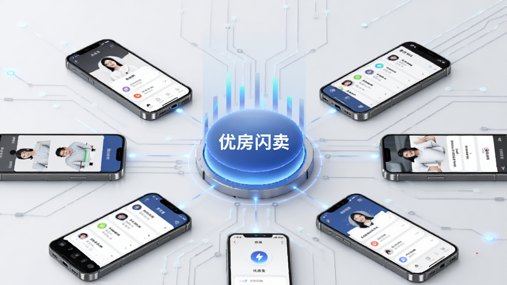 优房闪卖团队协作功能展示,画面中有多部手机围绕一个中心数据节点,节点上标注优房闪卖,手机屏幕显示不同角色界面,背景为淡灰色科技感线条,风格现代简洁,画质清晰,干净无多余元素
