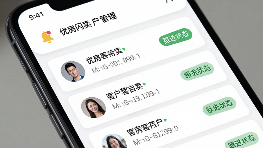 手机屏幕特写,展示优房闪卖客户管理界面,列表中有多条客户记录与跟进状态标签,顶部有提醒铃铛图标,背景为白色卡片式布局,风格干净利落,画质高清,无多余装饰元素