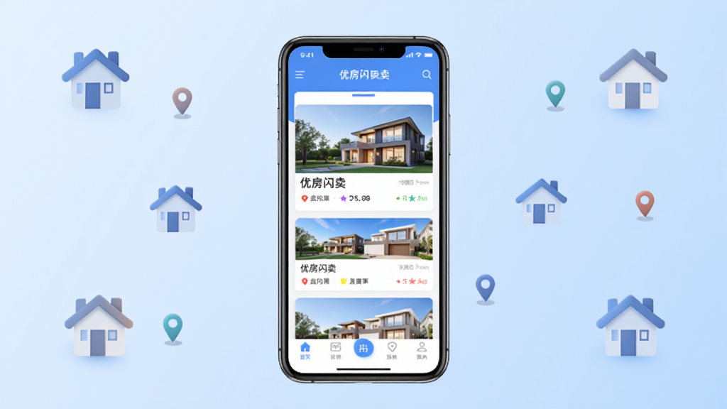 软件主界面展示,中央放置手机模型,屏幕内显示优房闪卖应用首页,包含房源列表卡片与底部导航栏,背景为浅蓝色渐变,四周点缀房屋图标与定位符号,整体风格简洁商务,画质清晰,干净无多余元素