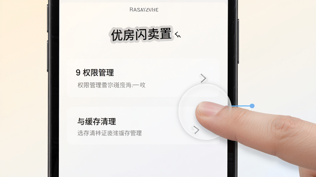 手机屏幕显示优房闪卖设置界面,包含权限管理与缓存清理选项,旁边有手指点击操作示意,背景为浅色渐变,风格简洁实用,画质清晰,干净无多余元素