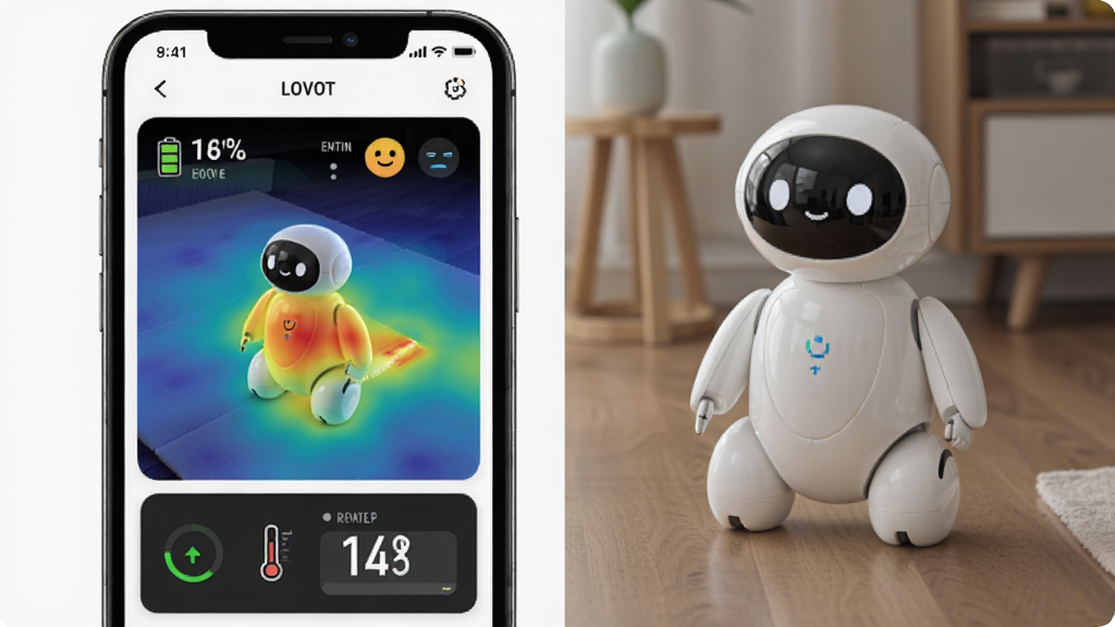 LOVOT APP远程监控功能界面图,主体是手机屏幕展示LOVOT机器人在家中移动的实时热力图和状态仪表盘,布局为左侧手机右侧机器人实景,排版清晰,风格科技简约,细节包含电量百分比、情绪表情图标、温度数字,画质高清,干净,无多余元素
