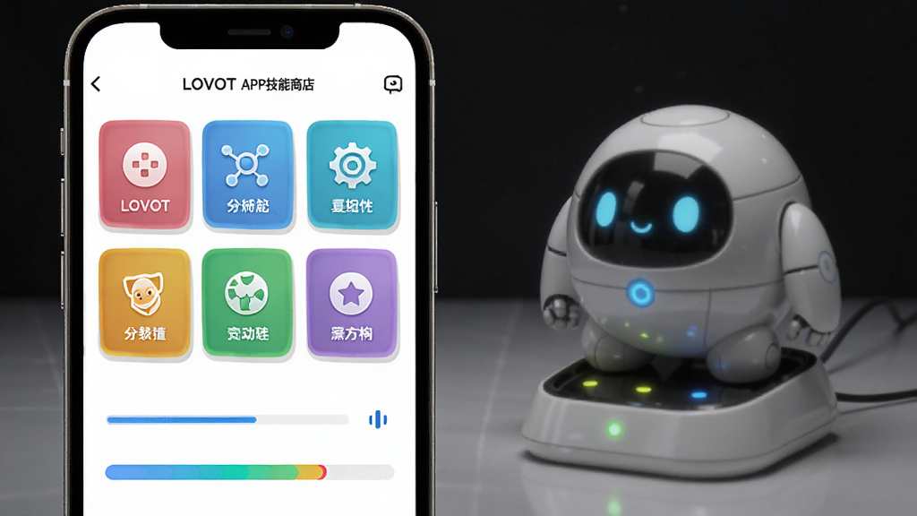LOVOT APP技能商店与固件升级界面图,画面是手机屏幕展示多个彩色技能包卡片和进度条,背景有LOVOT机器人在充电座上闪烁指示灯,布局上下结构,风格活泼明快,细节包含卡片上的图标和文字标签,画质高清,干净,无多余元素