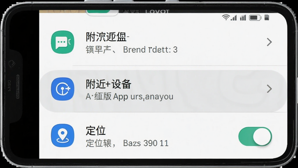 LOVOT安卓版APP权限设置界面截图,画面为手机屏幕显示应用权限列表,重点高亮“附近设备”和“定位”开关,布局为单列列表,风格简洁清晰,细节包含权限图标和文字说明,画质高清,干净,无多余元素