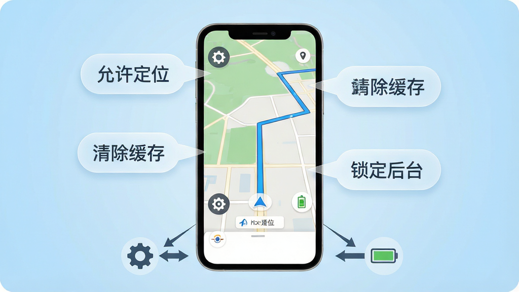 一张展示高分地图导航使用指南的概念图,主体为一部手机屏幕显示导航界面,旁边漂浮着几个半透明的提示气泡,分别写着“允许定位”“清除缓存”“锁定后台”,手机下方有箭头指向设置图标和电池图标。布局采用中心放射构图,背景为浅蓝色渐变。风格为扁平化信息图风格,细节包括手机屏幕上的地图路线、设置齿轮图标、电池白名单图标,画质为4K超清,画面干净,无多余元素。