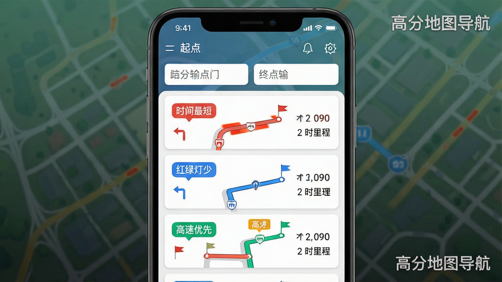 一张展示高分地图导航智能路线规划功能的概念图,主体为手机屏幕显示三条不同颜色的路线方案,红色路线标注“时间最短”、蓝色路线标注“红绿灯少”、绿色路线标注“高速优先”,每条路线旁边有预计时间和里程数字。布局采用上下分层,上方为起点和终点输入框,下方为路线卡片列表。风格为清爽扁平化UI风格,细节包括路线上的转向箭头、拥堵路段红色高亮、途经点小旗图标,屏幕角落有“高分地图导航”水印文字,画质为4K超清,画面干净,无多余元素。