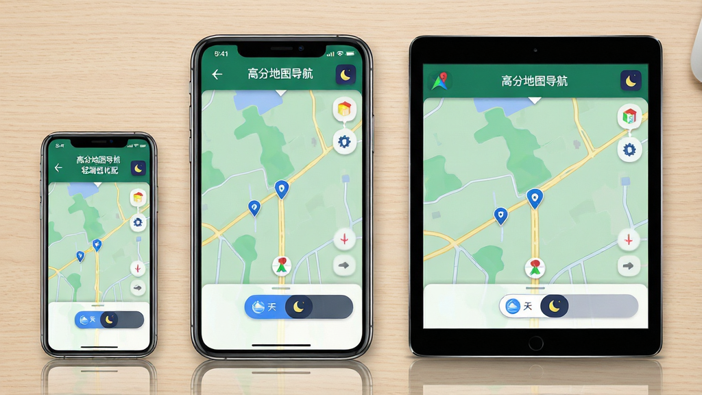 一张展示高分地图导航多端适配与轻量化特点的概念图,主体为三部不同尺寸的设备并排展示,分别是小屏手机、大屏手机和平板电脑,每台设备屏幕上都显示相同风格的高清地图界面,界面元素比例协调。布局采用水平排列,背景为浅色木纹桌面。风格为产品展示风格,细节包括设备边框反光、屏幕上的“高分地图导航”文字、白天与夜间模式切换按钮图标,画质为4K超清,画面干净,无多余元素。