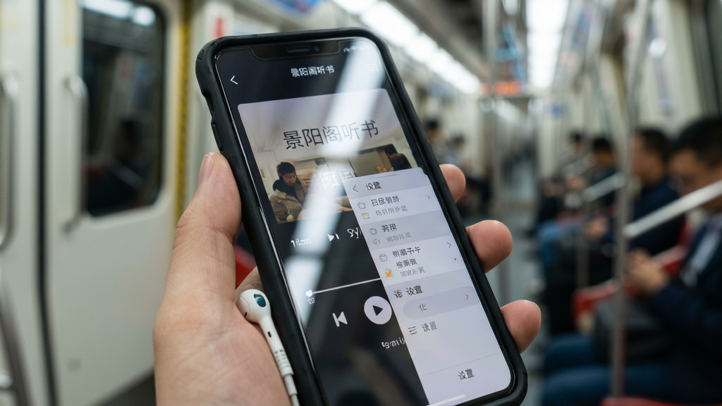 景阳阁听书手机端操作示意图,画面展示一只手拿着手机,屏幕上显示听书播放界面与设置菜单,背景是模糊的城市通勤地铁车厢,布局为近景特写,风格为写实生活摄影,细节包含耳机线、手机壳纹理、屏幕反光,画质清晰,干净,无多余元素
