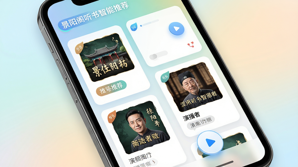 景阳阁听书智能推荐界面预览图,画面展示手机屏幕内个性化推荐卡片瀑布流,卡片上印有音频封面与演播者头像,布局为双列瀑布流,风格为清新明快的现代UI设计,细节包含动态推荐标签、播放按钮悬浮效果、柔和的渐变背景,画质高清,干净,无多余元素