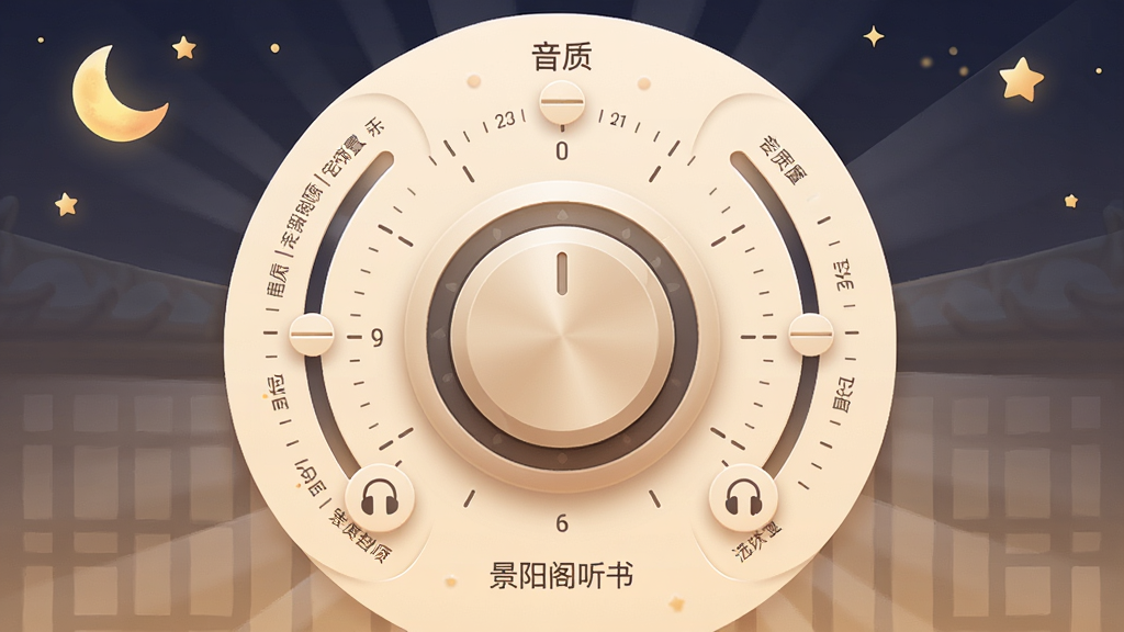 景阳阁听书定时关闭设置界面预览图,画面中心是一个拟物化的时钟旋钮,周围环绕着音质调节滑块与耳机图标,布局为圆形放射状构图,风格为柔和温暖的夜间模式配色,细节包含月亮星星装饰、定时刻度、音质选项文字,画质高清,干净,无多余元素