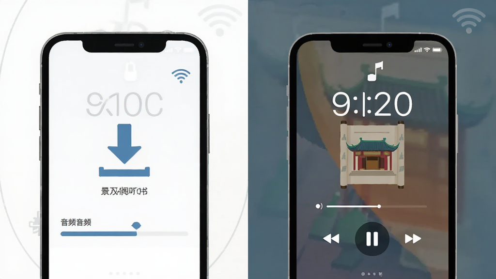 景阳阁听书离线缓存功能示意图,画面左侧显示手机正在下载音频进度条,右侧显示手机锁屏界面仍在播放音频,布局为左右分屏对比,风格为扁平化科技插画,细节包含下载箭头、WiFi信号图标、锁屏播放控件,画质清晰,干净,无多余元素
