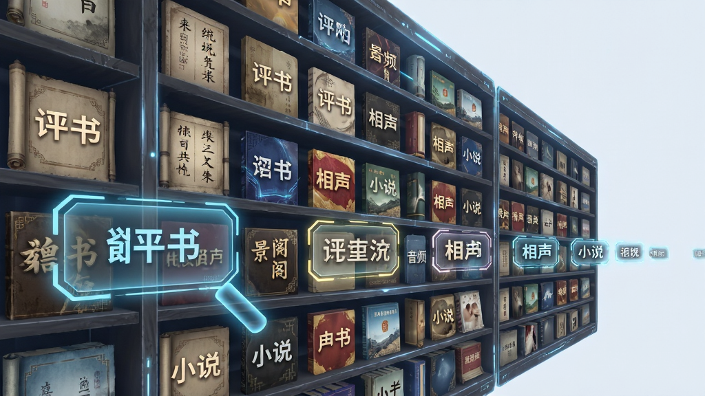 景阳阁听书海量资源库预览图,画面中心是一面巨大的虚拟书架,书架上摆满了带有不同封面标签的音频专辑,分类标签悬浮在书架前方,布局采用由近及远的透视感,风格为科技感与书卷气结合,细节包含发光的搜索放大镜、分类标签如评书、相声、小说等,画质清晰,干净,无多余元素