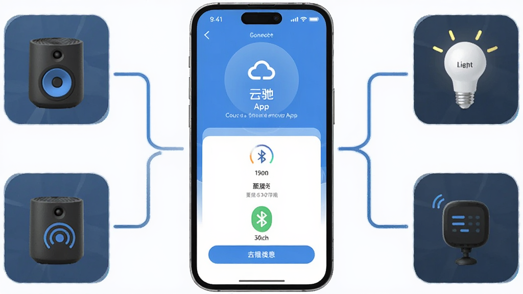 一张展示手机与蓝牙设备连接的示意图,手机屏幕显示云驰遥控App的连接界面,周围有蓝牙音箱、智能灯泡等设备图标,画面风格科技感强,背景简洁,画质清晰,无多余元素