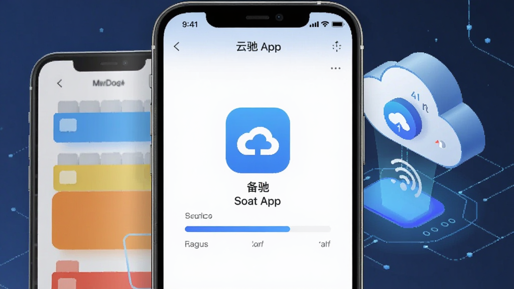 一张展示云驰遥控App数据备份与恢复界面的图片,屏幕上显示云备份图标和进度条,背景为手机存储与云端的抽象示意图,画面风格简洁科技感,画质清晰,无多余元素