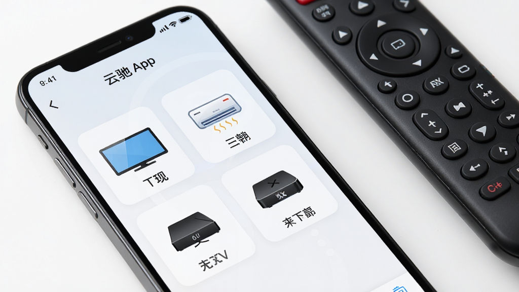 一张展示手机屏幕特写的图片,屏幕上显示云驰遥控App的遥控器界面,界面中有电视、空调、机顶盒等图标,手机旁边有一个真实遥控器,画面风格干净明亮,画质清晰,无多余元素