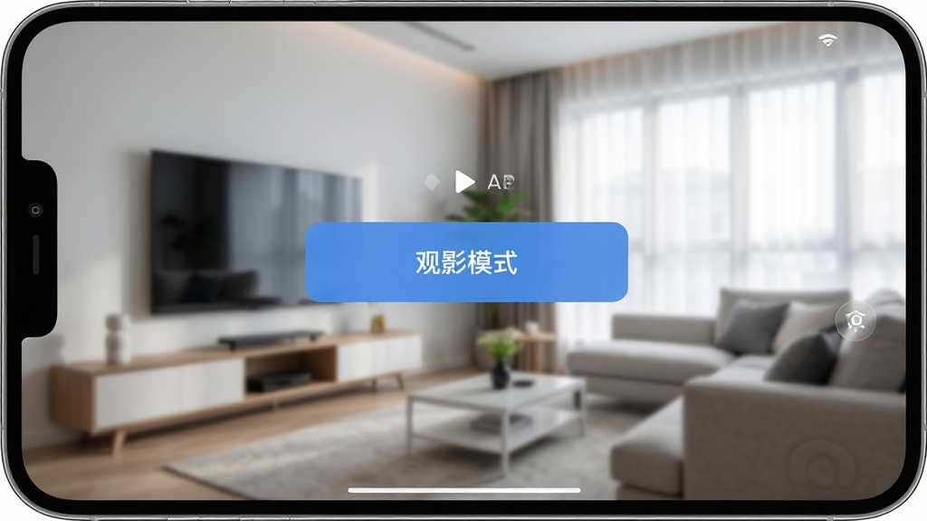 一张展示云驰遥控App自定义场景模式的界面截图,屏幕上显示“观影模式”按钮,背景有客厅场景,画面风格现代简洁,画质清晰,无多余元素