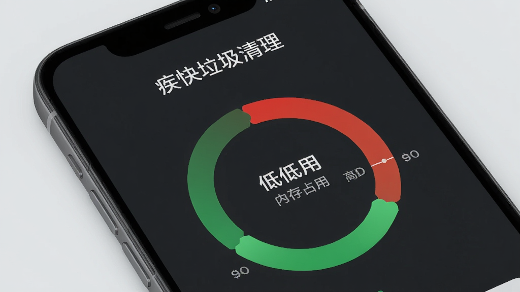 一部手机展示“疾快垃圾清理”的内存加速功能页面,屏幕上有环形内存占用图表,从红色高占用变为绿色低占用,背景为浅灰色,图表清晰,风格简约,画质干净