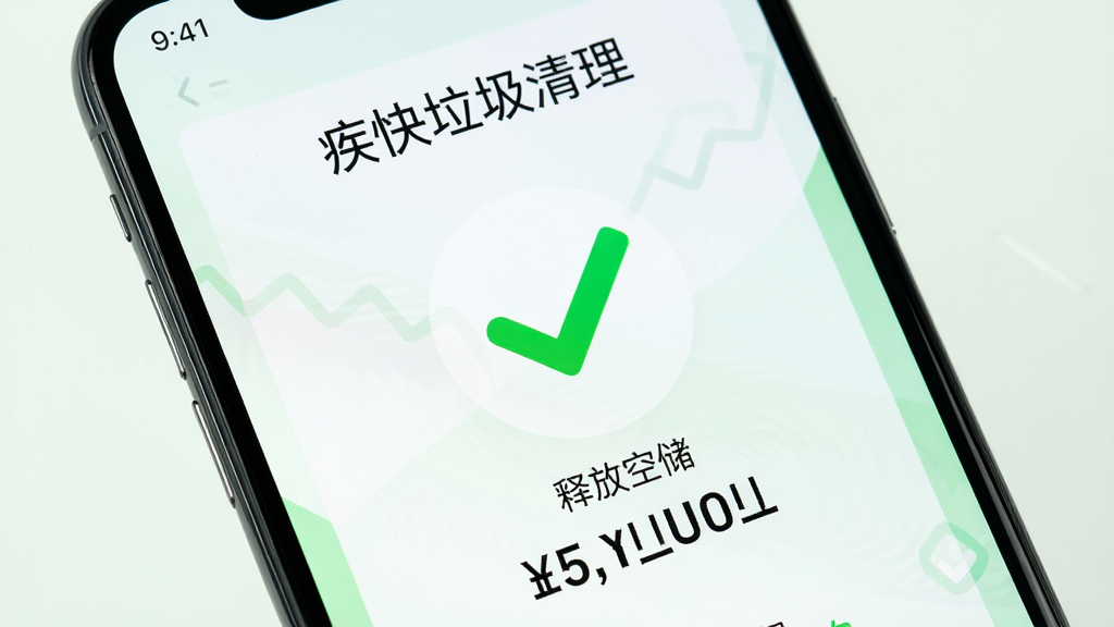 手机屏幕显示“疾快垃圾清理”的一键清理完成界面,中央有一个大大的绿色对勾,下方显示已释放的存储空间数值,背景为白色与浅绿色搭配,风格清爽,细节简洁,画质干净