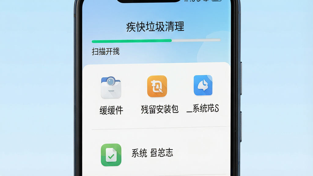 一张展示安卓手机屏幕的图片,屏幕中央显示“疾快垃圾清理”软件主界面,界面顶部有扫描进度条,下方列出缓存文件、残留安装包、系统日志等分类图标,背景为浅蓝色渐变,风格简洁清新,细节清晰,画质干净,无多余元素