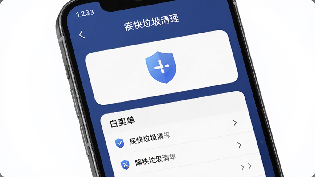 手机屏幕显示“疾快垃圾清理”的隐私保护设置页面,有盾牌图标和白名单列表,背景为深蓝色,风格稳重安全,细节清晰,画质干净