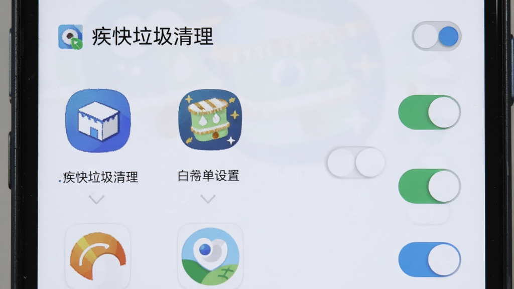 一部安卓手机显示“疾快垃圾清理”的白名单设置界面,屏幕上有多个应用图标和开关按钮,背景为浅色,风格清晰,细节干净,画质清晰