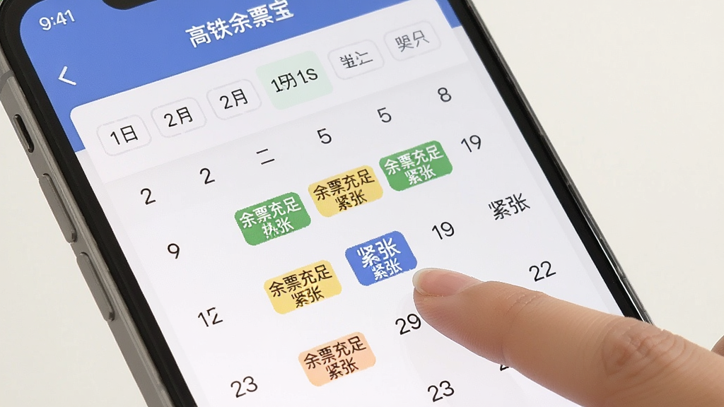 一张展示手机屏幕的图片,画面中火车票高铁余票宝软件的日期选择界面,日历上多个日期标注了余票充足或紧张的状态标识,用户正在点击其中一个日期。界面布局清晰,色彩柔和。画质清晰,干净,无多余元素。
