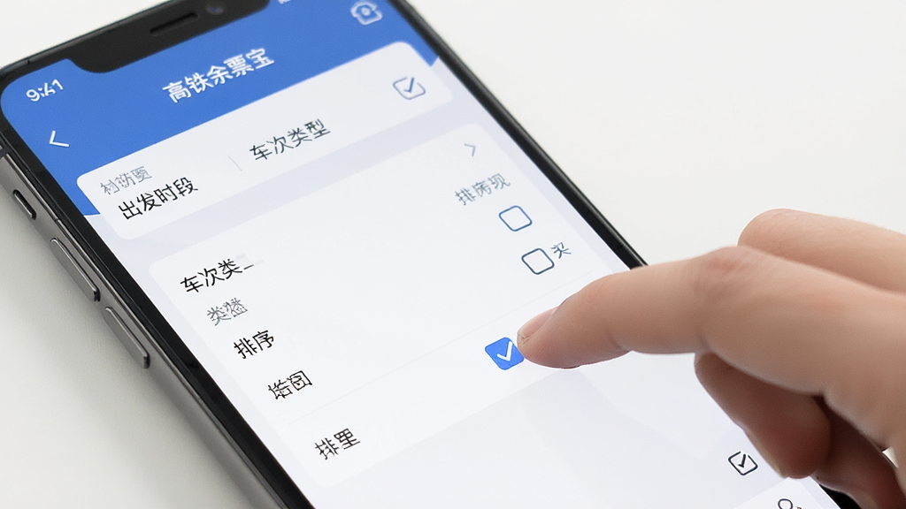 一张展示手机应用界面的图片,画面中火车票高铁余票宝软件的筛选设置页面,包含出发时段、车次类型、排序方式等选项,用户正在勾选筛选条件。界面设计简洁,操作逻辑清晰。画质清晰,干净,无多余元素。