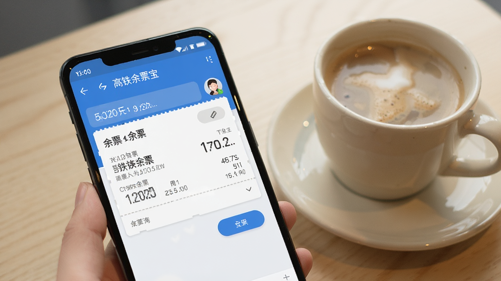 一张展示手机屏幕的图片,画面中火车票高铁余票宝软件运行在安卓手机上,用户正在查看余票查询结果,手机旁边放着一杯咖啡,整体氛围轻松。界面清晰可见,操作流畅。画质清晰,干净,无多余元素。