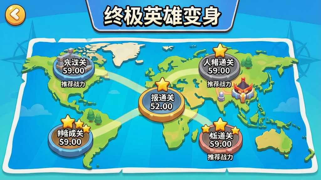 关卡选择界面展示图,画面以地图形式呈现多个关卡节点,每个节点标注关卡名称与推荐战力,部分节点显示三星通关标记,界面顶部有“终极英雄变身”标题,整体采用明亮色调的卡通风格UI,布局清晰,画质干净,无多余元素