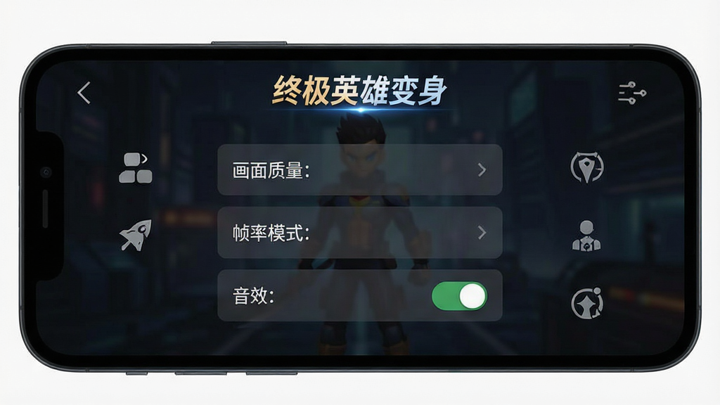 手机屏幕显示游戏设置界面,画面中有画面质量、帧率模式、音效开关等选项,界面风格简洁,顶部有“终极英雄变身”标题,背景为深色半透明,图标清晰,画质干净,无多余元素