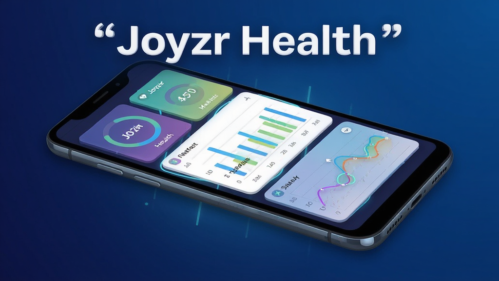 一幅展示Joyzr Health应用数据看板功能的AI生图,主体是一部平放的安卓手机,屏幕亮起显示彩色健康数据卡片,包含圆形进度条、柱状图和折线图,布局采用网格排列,风格为扁平化科技感,细节上卡片带有轻微阴影和圆角,背景是深蓝色渐变,画质清晰干净,图片中打上引号文字“Joyzr Health”