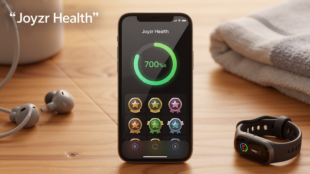 一张表现Joyzr Health运动目标功能的生图,画面中一部手机竖立在木质桌面上,屏幕显示运动目标进度环和徽章墙,周围散落着耳机、运动手环和毛巾,布局采用三分法构图,风格温暖生活化,细节上屏幕反光自然、徽章有金属质感,画质高清干净,图片中打上引号文字“Joyzr Health”