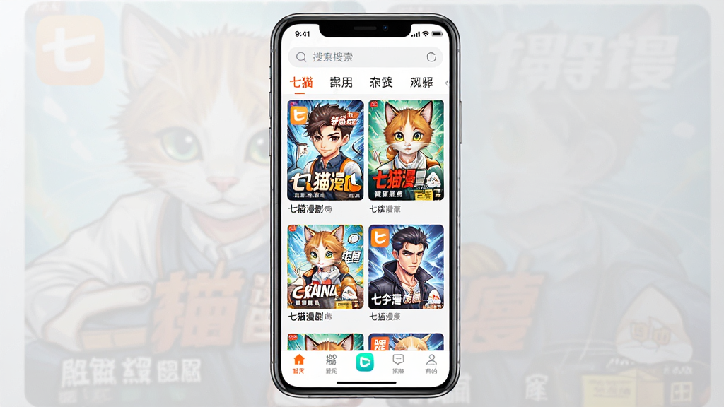 一张展示七猫漫剧应用界面的手机样机图,主体为竖屏智能手机,屏幕中显示七猫漫剧App首页,顶部有搜索栏和分类标签,中部为漫画封面网格排列,底部有导航栏。布局居中,背景为浅灰色渐变,风格简洁现代,细节包括漫画封面色彩鲜艳、图标清晰,画质高清,干净,无多余元素