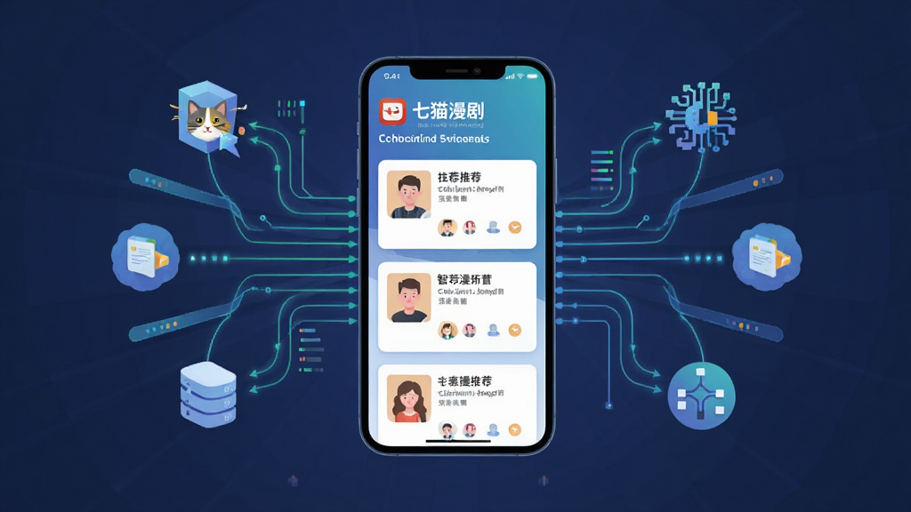 一幅展示七猫漫剧智能推荐功能的示意图,主体为手机屏幕显示个性化推荐列表,周围环绕数据流与算法图标。布局为放射状构图,风格为科技感扁平插画,细节包括推荐卡片、用户头像、数据线条,画质高清,干净,无多余元素
