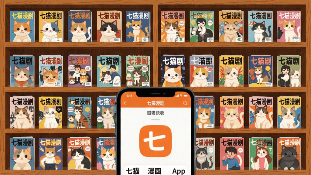 一幅展示七猫漫剧海量漫画书架的插画,主体为巨大的虚拟书架,书架上摆满各种彩色漫画封面,前景有一部手机显示七猫漫剧App界面。布局采用中心对称构图,风格为扁平化插画,细节包括书架木质纹理、漫画封面色彩丰富,画质高清,干净,无多余元素