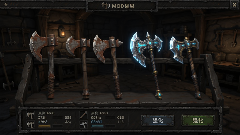锈蚀战斧(MOD菜单)装备界面展示图,画面中显示一个武器库界面,架子上陈列着多把不同造型的战斧,从生锈的铁斧到发光的传说战斧,界面下方有属性数值与强化按钮,背景是昏暗的地下工坊,风格为暗黑废土RPG装备界面,画质清晰干净
