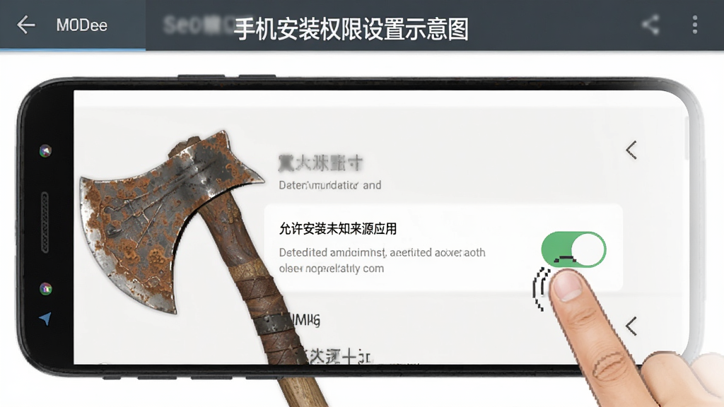 锈蚀战斧(MOD菜单)手机安装权限设置示意图,画面中展示一部安卓手机屏幕,屏幕上显示“允许安装未知来源应用”的开关界面,旁边有手指点击操作的示意,背景为简洁的手机设置界面,风格为教程说明图,画质清晰干净,无多余元素