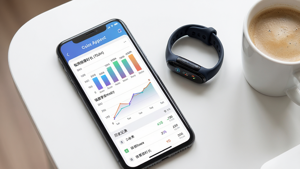 一张展示云望创新App数据统计页面的图片,手机屏幕内显示柱状图和折线图,分别代表每周按摩时长和强度变化,下方有历史记录列表。手机旁边放着一个智能手环和一杯咖啡。背景为简洁的白色桌面,布局为手机斜放,风格商务简约,细节包括图表的渐变填充和数字的清晰显示。画质清晰,干净,无多余元素。