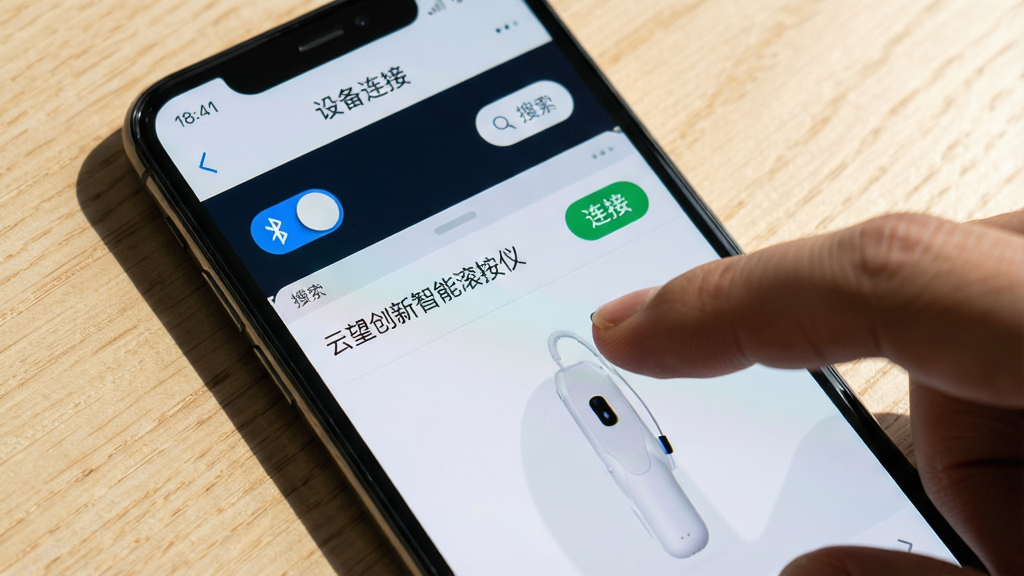 一张展示云望创新App蓝牙连接设置界面的手机截图,画面中手机屏幕显示“设备连接”页面,顶部有蓝牙开关和搜索按钮,下方列表中出现“云望创新智能滚按仪”的设备名称和连接按钮。手机旁边有一只手正在点击屏幕。背景为浅色木纹桌面,布局为手机特写,风格真实生活化,细节包括手指的阴影和屏幕上的文字清晰度。画质清晰,干净,无多余元素。