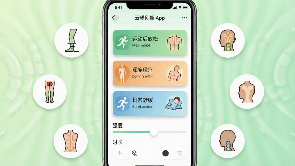 一张展示云望创新App个性化按摩方案设置界面的图片,手机屏幕内显示多个按摩模式卡片,包括“运动后放松”“深度理疗”“日常舒缓”,下方有强度滑块和时长选择器。手机周围环绕着代表不同按摩部位的图标:腿部、背部、颈部。背景为柔和的浅绿色渐变,布局为手机居中,图标环绕,风格清新简约,细节包括卡片上的微阴影和滑块的高光。画质清晰,干净,无多余元素。