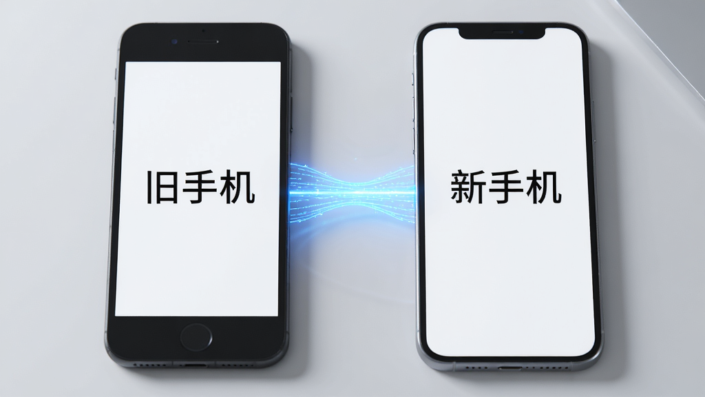 一部旧手机和一部新手机并排放在桌面上,中间有发光的蓝色数据流连接两部手机,手机屏幕分别显示“旧手机”和“新手机”字样,背景是简洁的浅灰色桌面,整体风格清爽科技感,画面干净无多余元素,高清画质,主体突出,排版居中,适合软件下载站配图