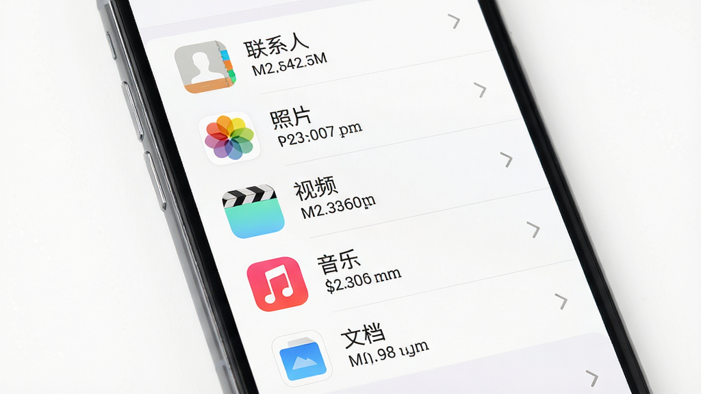 手机屏幕显示数据分类列表,包括“联系人”“照片”“视频”“音乐”“文档”等图标和对应的数据大小,界面简洁清晰,背景为白色,风格扁平化设计,细节精致,画质高清,画面干净,适合展示软件的分类迁移功能