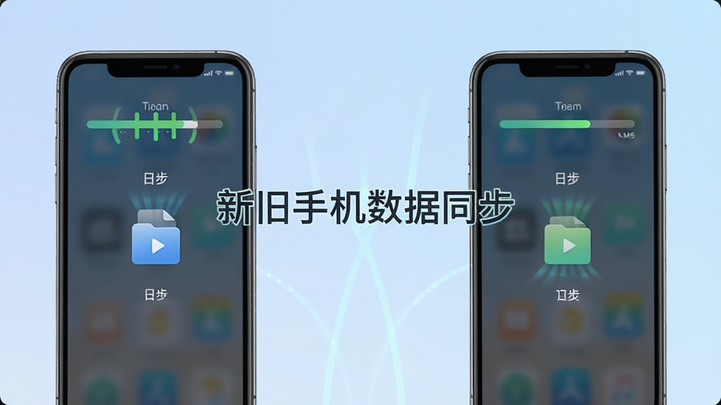 两部手机正在进行数据同步,屏幕上显示进度条和传输中的文件图标,画面中央有“新旧手机数据同步”字样,背景为柔和的渐变蓝色,风格简洁明快,细节清晰,画质干净,主体为手机和传输动画,排版居中,适合作为功能展示图
