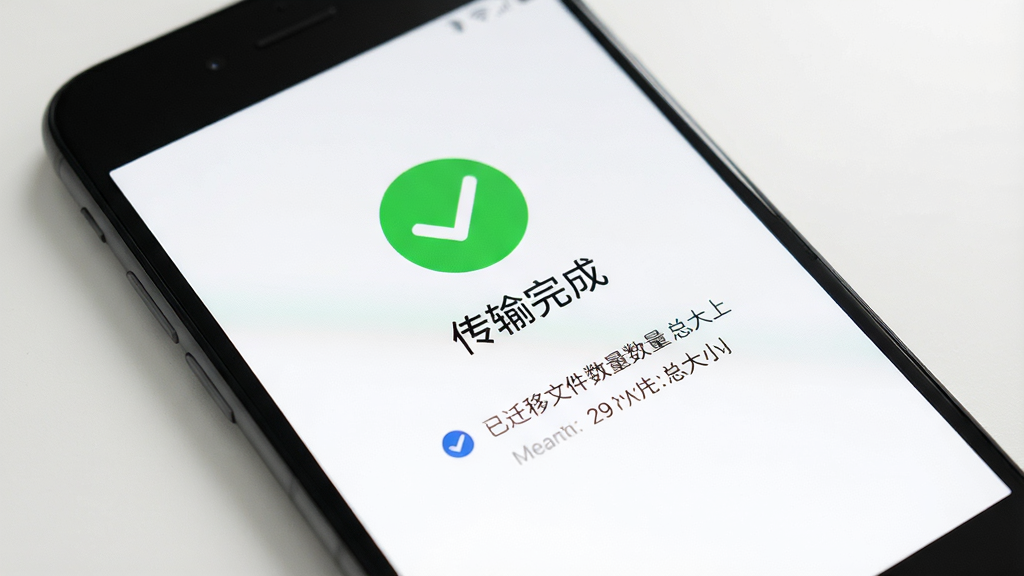 手机屏幕显示传输完成界面,有绿色对勾图标和“传输完成”字样,下方显示已迁移的文件数量和总大小,背景为简洁的白色,风格清爽,画面干净,画质高清,适合作为教程结尾配图