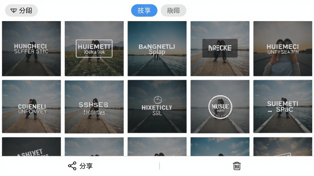 水印拍照软件相册管理界面截图,画面中展示多张带有不同水印的照片缩略图,顶部有筛选按钮,底部有分享和删除操作栏,界面布局清晰,风格简约,画质干净无多余元素
