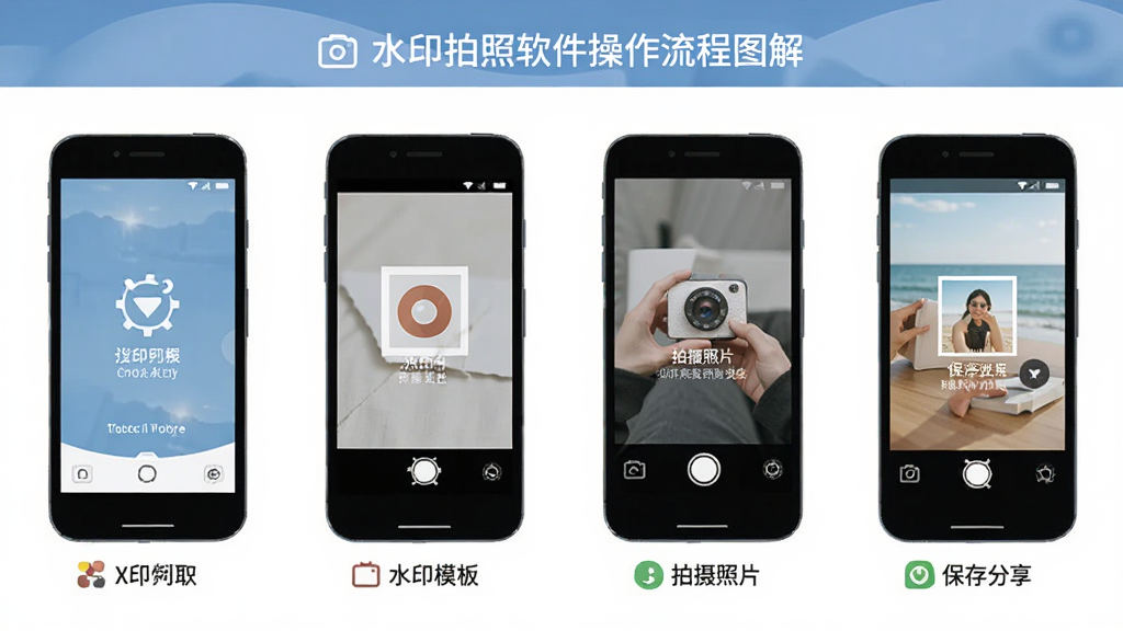 水印拍照软件操作流程图解,画面中展示手机屏幕从打开软件、选择水印模板、拍摄照片到保存分享的四个步骤,每个步骤配以简洁图标和文字说明,风格扁平化,画质清晰干净