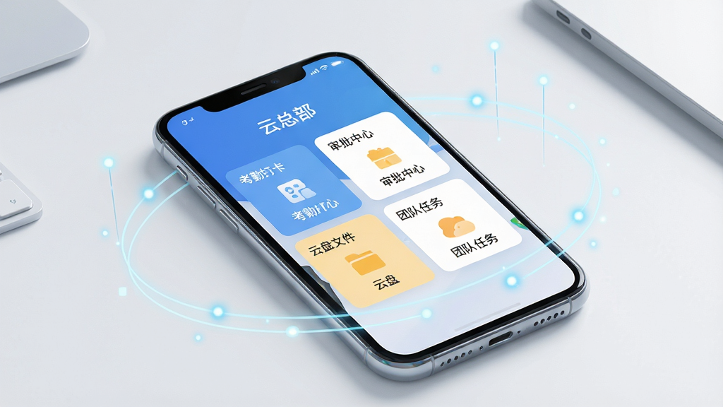 画面中央是一部智能手机,屏幕上显示“云总部”应用主界面,界面布局包含考勤打卡、审批中心、云盘文件、团队任务四个功能卡片,手机周围环绕着代表云端数据的淡蓝色线条与光点,背景为简洁的浅灰白色办公桌面,风格为扁平化科技感,细节上手机边缘有轻微高光反射,画质清晰干净,无多余元素