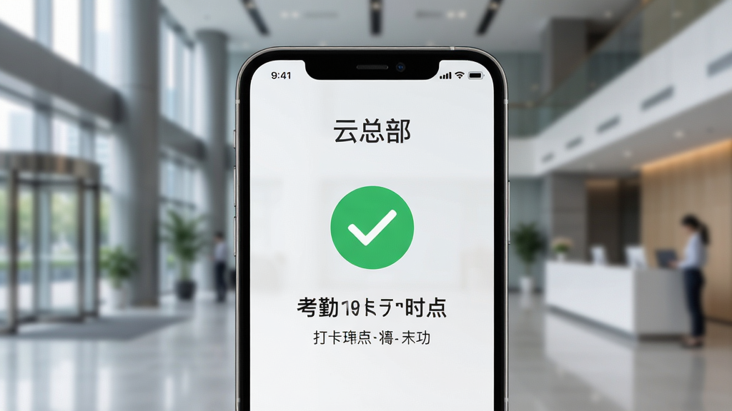 手机屏幕特写显示“云总部”考勤打卡成功页面,页面中央有绿色对勾图标和打卡时间地点信息,背景是模糊的现代化办公楼大厅,风格为商务简约,细节上手机界面文字清晰可辨,画质锐利干净,无多余元素