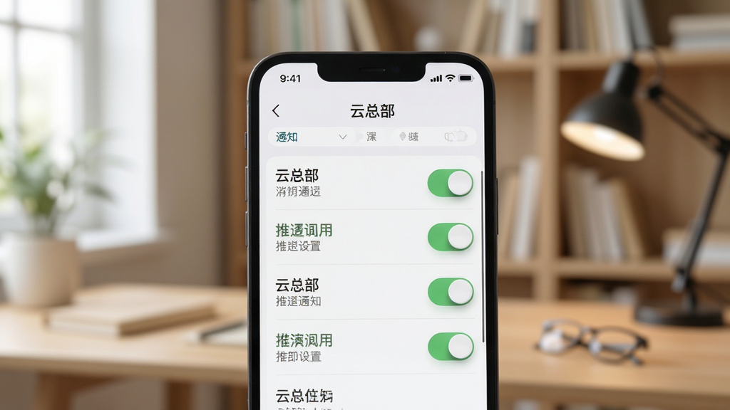 手机屏幕展示“云总部”消息通知设置页面,页面中各类推送开关清晰排列,背景为柔和的书房环境,风格为简约实用,细节上开关按钮有轻微立体感,画质清晰干净,无多余元素