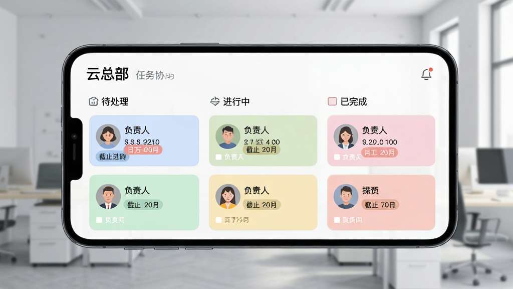 手机屏幕显示“云总部”任务协同看板界面,看板分为待处理、进行中、已完成三列,每个任务卡片上有负责人头像和截止日期标签,背景为浅灰色办公环境,风格为扁平化设计,细节上卡片颜色柔和区分,画质清晰干净,无多余元素